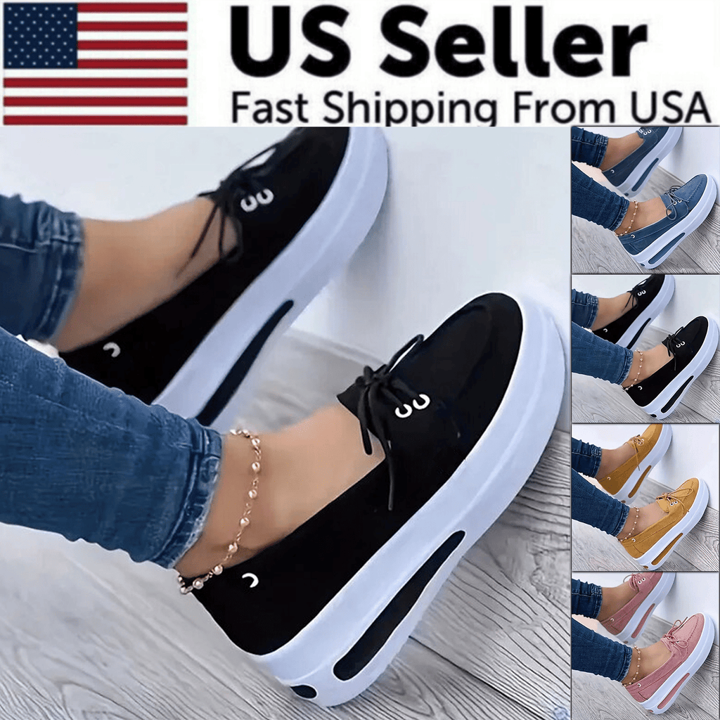Women Block Shoes Slip On Closed Toe Platform Flat Wedge Casual Lace Up Sneakers image 4