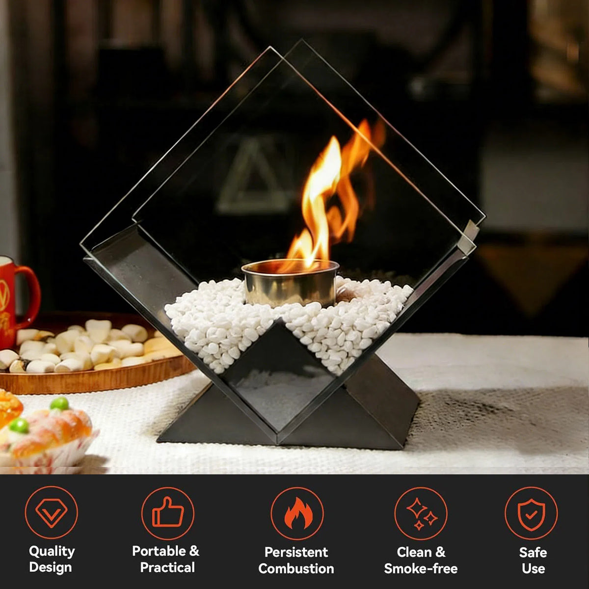 Square Glass Large Tabletop Fireplace 10" Portable Fire Bowl Pot Clean Burning F image 2